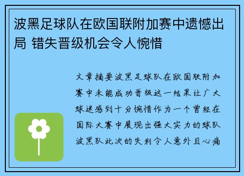 波黑足球队在欧国联附加赛中遗憾出局 错失晋级机会令人惋惜