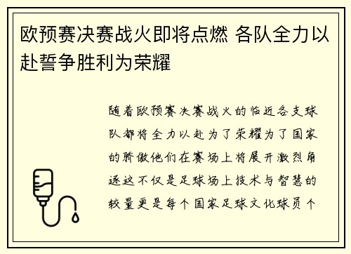 欧预赛决赛战火即将点燃 各队全力以赴誓争胜利为荣耀
